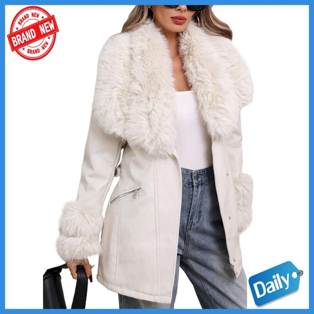 Faux Leather Jacket with Fur Collar Belted Winter Coat Long Sleeve